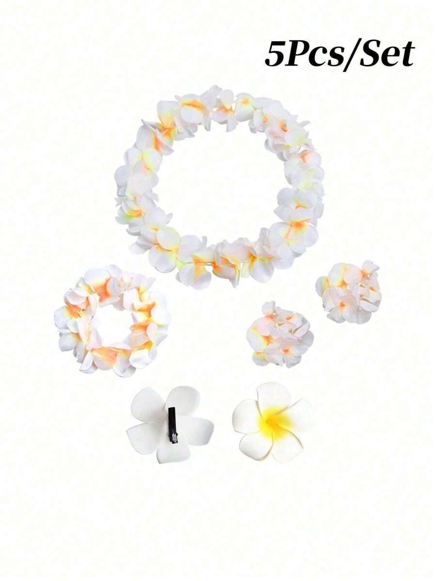 5Pcs/Set Hawaiian Leis Flower Headband Wristbands Tropical Hawaii Necklace Bracelets Hair Hoops Wreath Headpiece Hair Bands Cosplay Costume Summer Beach Vacation Pool Party Decoration - Multicolor - View 1