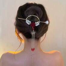 Vintage Rose Tassel Bow Tassel Hairpin Hair Clip Luxury Rhinestone Pearl Red Rose Hairpin Long Fringed Tassel Hair Accessories Hair Bun Hair Bun Maker Bun Hair Piece Hair Styling Pins