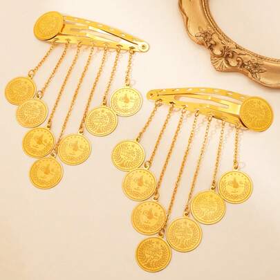 1pc Oman Kurdish Coin Hair Clips Gold Plated Arabic Women Hair Jewelry Metal Hairwear Ottoman Bridesmaid Gift Hair Accessories
