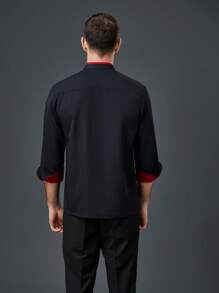 New Custom Diagonal Double Buckle Color Block Fashion Black Chef Uniform, Unisex Long Sleeve, Suitable For Autumn/Winter, Premium Quality For Hotel, Western Restaurant, Fast Food Shop, Cafe, Bakery, Breathable, Wrinkle-Resistant, Stand Collar Design, Stretchy Fabric, Loose Fit