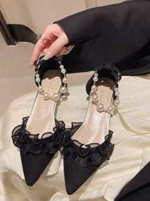 Woman's Fashionable Delicate Fairy Aesthetic Chunky Heel Pumps, New Spring/Summer Pearl Decor High Heel Shoes, French Mid-Hollow Pointed Toe Heels