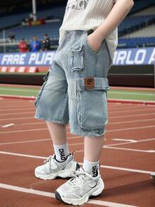 青少年男童夏季休闲工装牛仔短裤 - 淺藍色 - 查看 6