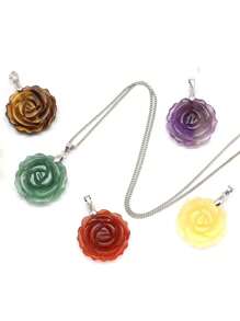 Natural Gemstone Carved Rose Flower Stone Pendant Amethyst Healing Crystal Necklace DIY Jewelry Bead Charm Women Valentine Gift