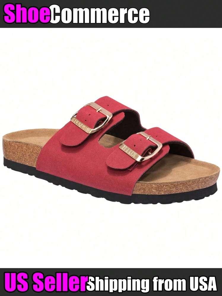 Women's Cork Footbed Sandals With Adjustable Buckles Slip On Platform Slides Sandals Summer Shoes - Red - View 1