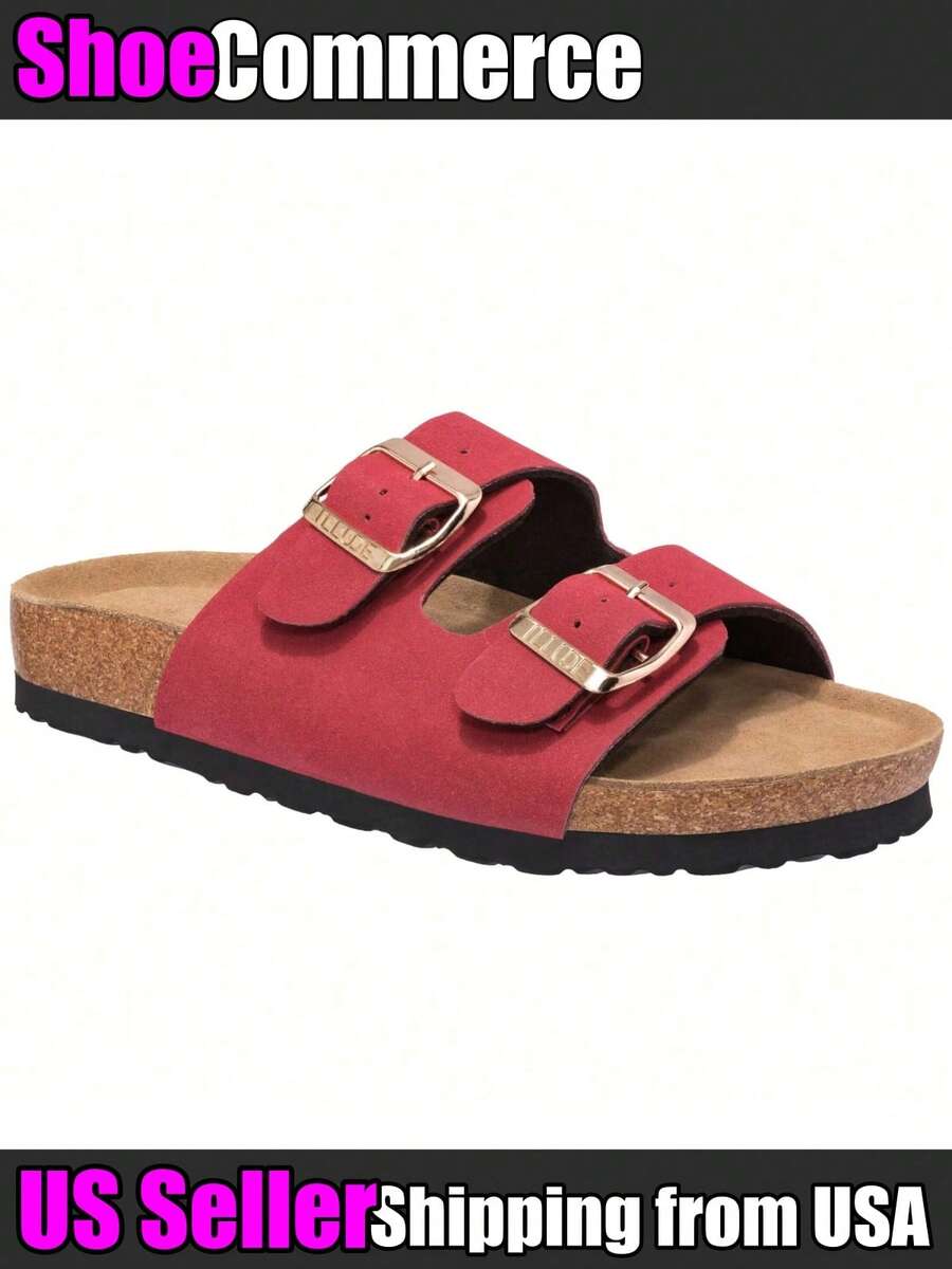 Women's Cork Footbed Sandals With Adjustable Buckles Slip On Platform Slides Sandals Summer Shoes - Red - View 1