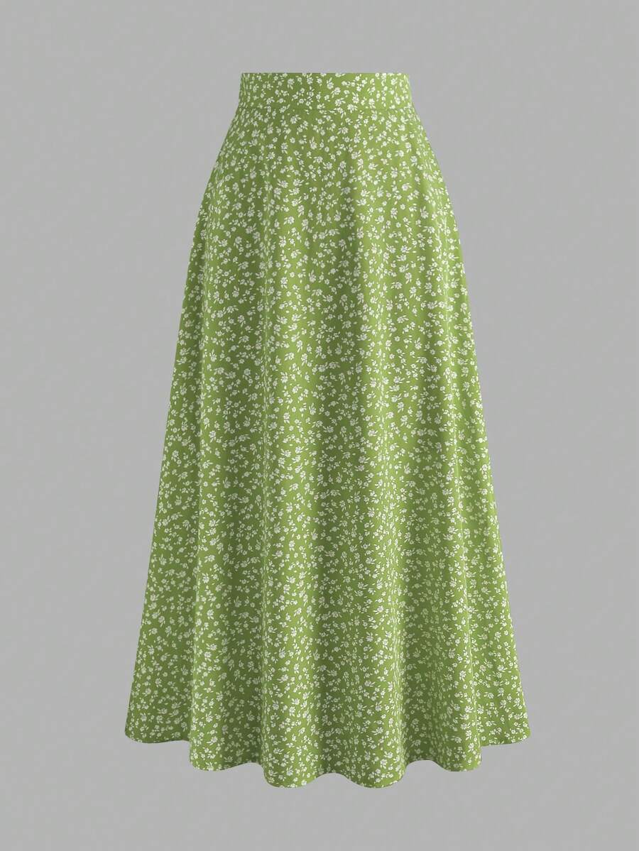 Váy chiffon dáng chữ A cạp cao họa tiết hoa nhí EARO dành cho nữ, thích hợp mặc ngoài trời. - Xanh nhạt - Xem 1