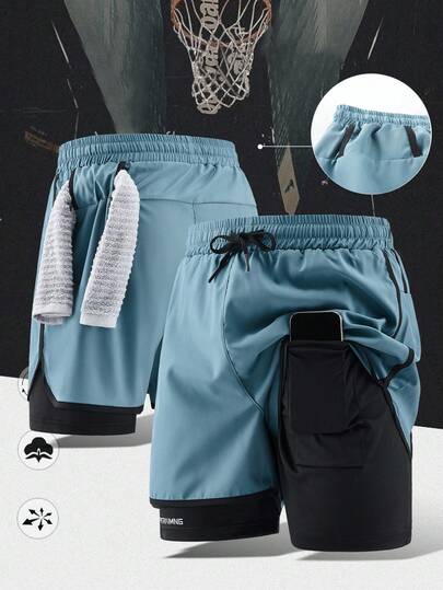 1pc Men's 2-In-1 Athletic Shorts, Elastic Waist Casual Exercise Pants With Liner For Gym, Running, Spring/Summer