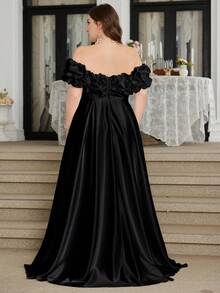 UNITHORSE Plus Size 1pc Off Shoulder Cloud Pleated Waist Slim A-Line Side Slit Simple White Wedding Dress Gown,Bride, All White Party Outfit Women - Black - View 2