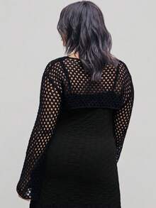Plus Size Women Solid Color Round Neck Long Sleeve Hollow-Out Cropped Sweater - Black - View 5