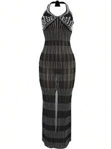 时尚夏季女式性感蕾丝闪亮水钻深 V 领露背长款舞会礼服生日派对节日服装礼服婚礼宾客礼服正式礼服晚礼服