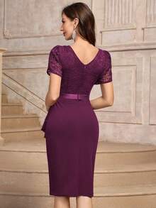 MIUSOL Keyhole Neckline Floral Lace Puff Sleeve Ruffle Trim Cocktail Party Bodycon Dress - Maroon - View 3