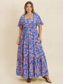 Váy nữ mùa hè họa tiết hoa xanh cổ vuông, phong cách Bohemian phù hợp cho trang phục đi biển Lễ Phục Sinh, lễ hội âm nhạc Hawaii, kỳ nghỉ nhiệt đới thanh lịch - Màu xanh lam - Xem 7