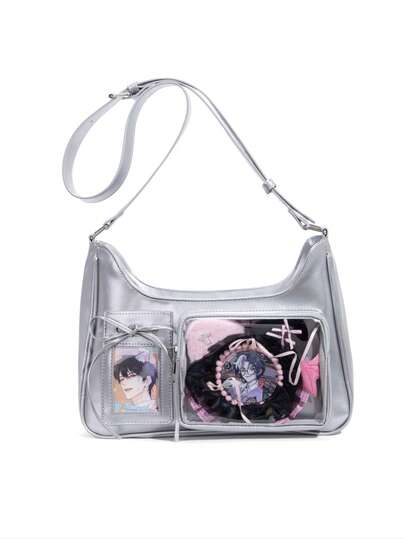 日本新款Y2K时尚购物休闲简约街头通勤大容量女大学生油蜡皮透明徽章包多功能单肩包斜挎包可放粒面可挂钥匙扣可放明信片