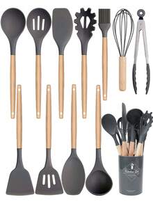 12pcs/Set Or 44pcs/Set Wooden Handle Silicone Kitchen Utensil Set, Heat Resistant Non-Stick Cookware, Suitable For Cooking And Baking, Great For Christmas - Gray-regular - View 5
