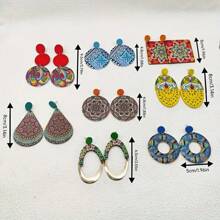 10 pares/paquete Pendientes de madera vintage con estampado colorido para mujeres, set de pendientes de pareja estilo bohemio variado para fiesta, boda, uso diario, regalos de joyería de moda, envío aleatorio