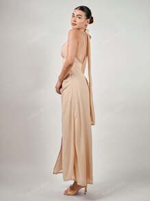 Andrea Bello Robe en mousseline de soie fluide à col V profond et dos nu pour mariage, printemps été