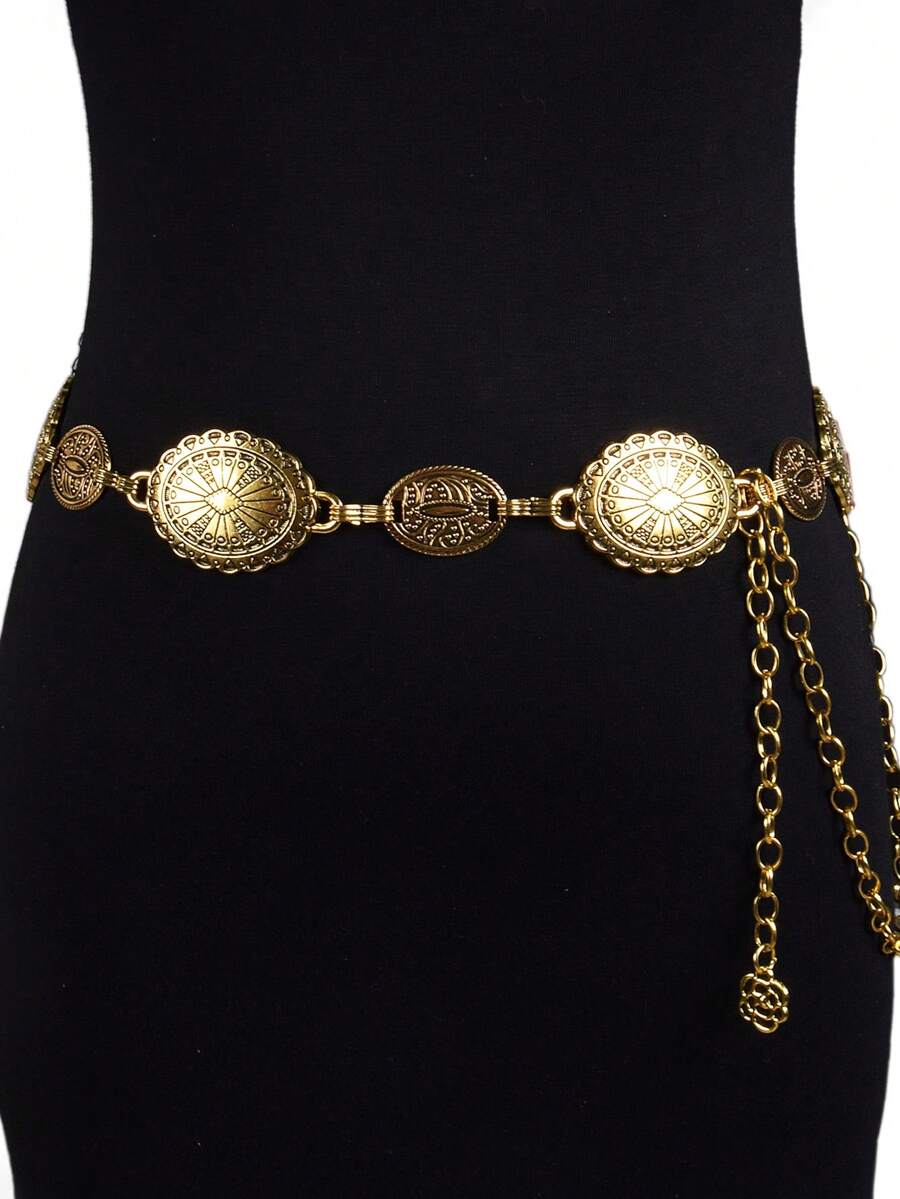 1pc Women's Metal Carved Floral Geometric Boho Chic Party Cute Sexy Street Elegant Vintage Waist Chain, Suitable For Spring/Autumn, Holidays, Casual, Versatile Pants Chain Summer, School Fall, Autumn, Halloween - Gold - View 1