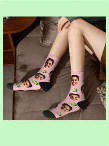 1 Pair Customizable Face Pink Lemon Pattern Mid-Calf Socks For Men, Holiday Gift