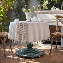 1 件优雅的欧洲田园风格圆形桌布，带叶子刺绣和流苏 - 米色涤纶，非常适合家居装饰、野餐、露营、婚礼、生日派对、节日用餐和小圆桌装饰、感恩节桌布 - 秋葉咖 - 查看 2