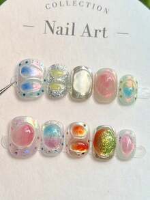 10片纯手工制作的按压式假指甲，糖果色多巴胺卡通可爱童趣糖果泡泡短方块可佩戴美甲贴纸，赠送果冻胶，可重复使用，适用于美甲设计、日常佩戴和节日派对，是送给女孩的美甲用品。 - 彩色 - 查看 2
