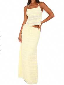 Women Y2k 2 Piece Maxi Skirt Set Sleeveless Ruffle Lace Halter Crop Top Tiered Flowy Long Skirt Summer Beach Outfit - 黃色 - 查看 4