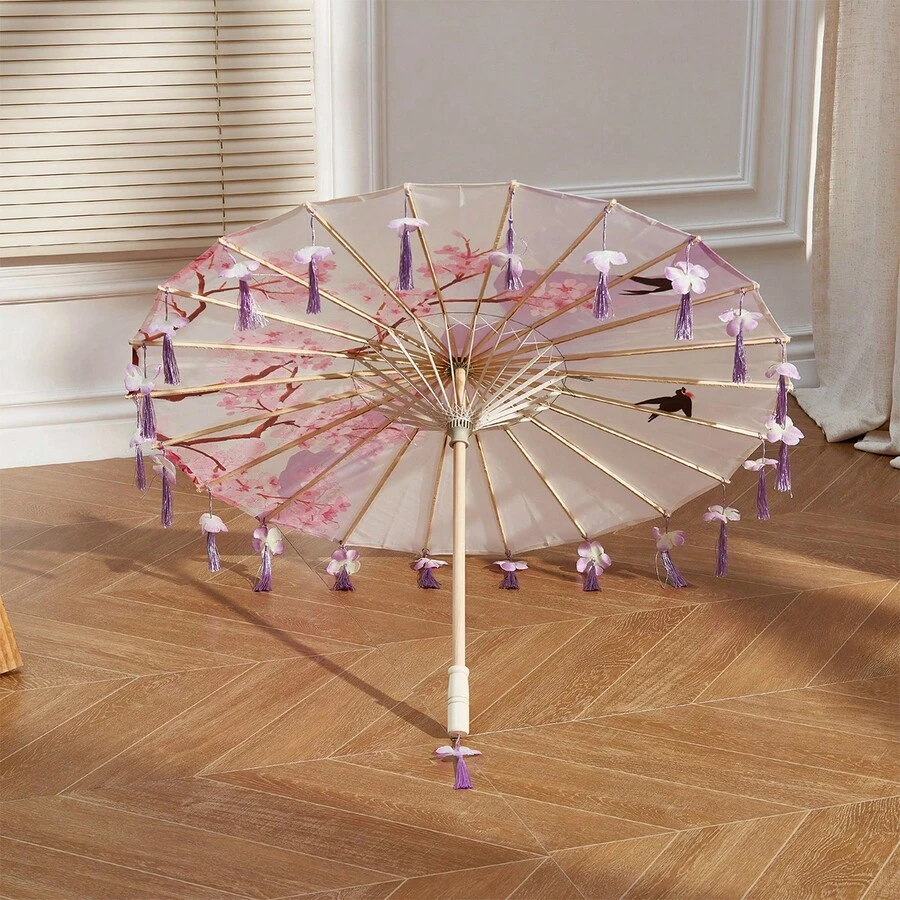 Retro Chinese Umbrella With Tassels Floral/Animal Print Silk Parasol Umbrella Photography Props - White - View 1