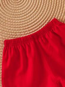 Set di top a canotta a quadri carino e pantaloncini con fiocco per neonate, adatto per uso esterno in primavera/estate - Rosso - Visualizzare 3