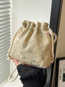 Retro Casual Shoulder Drawstring Bucket Bag For Women - Khaki - View 1