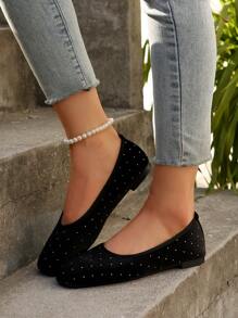 Women Plain Color Rhinestone Decor Flat Shoes, Lightweight Walking Shoes, Soft Bottom, Casual Slip-On Flat Shoes