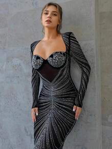 Women's Sheer Mesh Sparkling Rhinestone Sweetheart Neckline Scoop Back Slim Extra Long Dress Wedding Birthday Party Formal Dinner