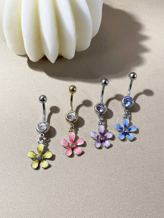 1pc Stylish Oil Drop Flower Navel Ring, Stainless Steel Jewelry For Women, Suitable For Beach, Party, Gift, Daily Wear