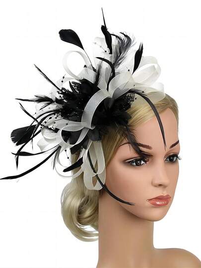 Women's Fashion Charming Headpiece, Floral Mesh Feather Hair Clip For Tea Party, Race, Wedding