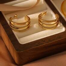 A Pair Of 18k Gold Jewelry Three-Layer Stud Earrings, Elegant Stainless Steel Geometric-Shaped Luxury Earrings For Women, Suitable For Everyday Wear, Parties, And As A Jewelry Gift. - Yellow Gold - View 10