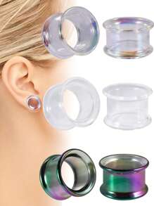 PAR de Tapones de Oreja con Doble Rebordes de Cristal Natural en Colores AB/Arcoíris/Transparente, Túnel y Dilatadores de Oreja, Joyería de Perforación Corporal