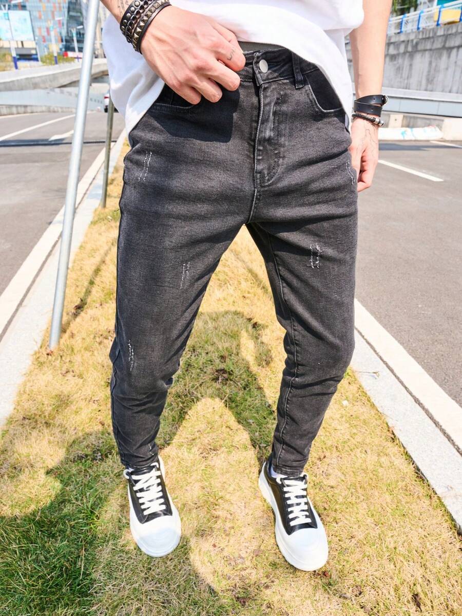 Men's Black Skinny Jeans With Distressed Scratch Designs, Stretch Denim Slim Fit Pencil Leg Pants - Black - View 1