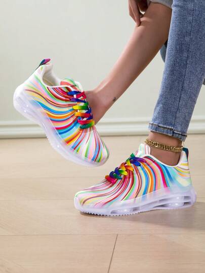Women's Premium Colorful Rainbow Low-Top Lace-Up Sneakers, Classic Comfortable Breathable Soft Bottom Sports Running Shoes For Casual Tennis Walking All Season. Fashionable Air Cushion Shock Absorbing Sneakers