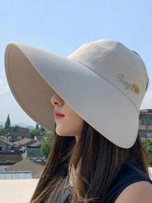 Chapeau de soleil pour femme, style coréen, protection du visage, anti-UV, voyage extérieur, protection solaire estivale, mode, personnalisé, polyvalent, chapeau de plage, design de lettre, polyester, anti-vent, anti-UV, printemps et été