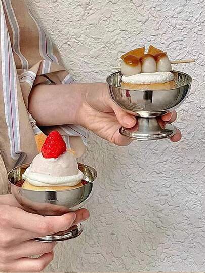 1pc Vintage Style Ice Cream Cup, Yogurt Pudding Cup, Dessert Cup, Short Foot Fruit Bowl, Stainless Steel Ice Cream Cup