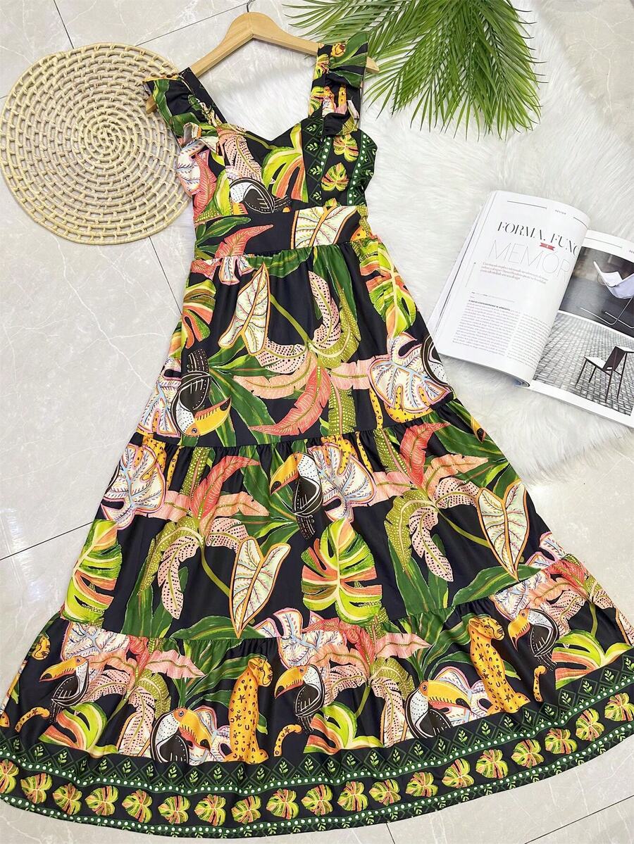 Long Dress PRINTED With Lining With Cup In Beautiful, Fashionable CREPINHO Fabric - Black Gold - View 1