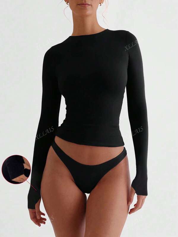 XLLAIS Round Neck Long Sleeve Workout Tops Solid Basic Skinny Women Casual Finger Cover Black T Shirts
