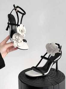 春夏高端花卉露趾凉鞋，白色，优雅女士款系带高跟方头鞋 - 黑色 - 查看 8