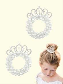 2 piezas Lazos para el cabello de niña, Scrunchies con cuentas de perlas y corona, Bandas elásticas para el cabello, Sujetadores de coleta, Accesorios para el cabello para princesa con diademas brillantes con cristales - Blanco - Ver 10