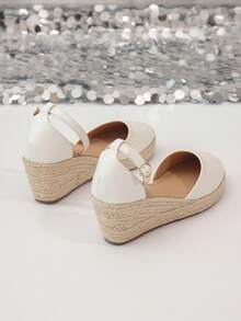 女士高跟坡跟帆布凉鞋，时尚圆头镂空踝带设计 - 白色 - 查看 5