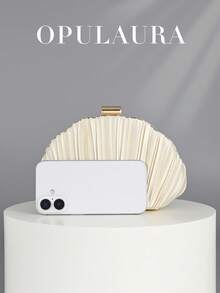 OpulAura Women's Elegant/Luxury Box Pleated Satin Party Clutch, Romantic Wedding Handbag, Charming/Delicate Evening Dress Bag, Minimalist Apricot Box-Shaped Purse With Detachable Chain, Suitable As Holiday Gift, Clutch Bag For Wedding - Apricot - View 3