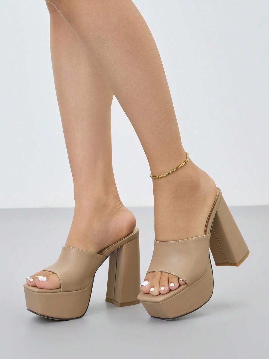 女士粗跟防水厚底露趾穆勒鞋，性感一脚蹬透气 PU 皮革派对/婚礼高跟鞋，杏色 - 杏色 - 查看 1