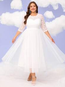 Women Plus Size Floral Lace Mesh Curve Wedding Dress Engagement Bridal Shower Cocktail Party Gowns Reception Bachelorette Event Rehearsal Extended Sizing, For Valentine's Day - White - View 3