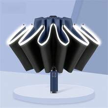 1pc Fully Automatic Compact Travel Umbrella, Reverse Design Inverted Not Get Wet Car Umbrella, With Auto Open/Close Handle And UV Protection, Reflective Strip Design For Night, Strong Windproof And Waterproof Automatic Umbrella