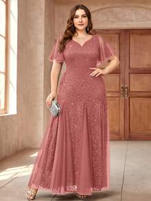 Plus Sweetheart Neck Sequin Floral Lace Ruffle Sleeve Contrast Mesh Hem Formal Evening Party Dress, Elegant Formal Prom Wedding Guest Gown, For Graduation, Dinner, Homecoming - Bụi hồng - Xem 3
