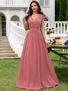 MIUSOL Contrast Sequin Lace Deep V-Neck Cap Sleeve Ruched Hem Evening Party Long Dress, Formal, Gown, For Wedding Guest - Dusty Pink - View 5