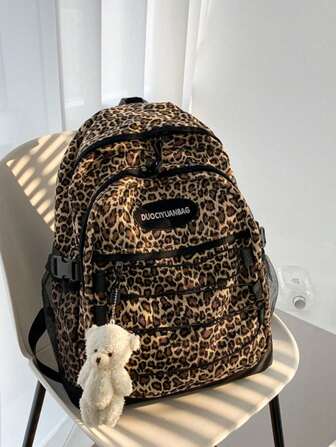 Nylon Faux Animal Print Backpack, Retro Vintage Harajuku Inspired Leopard, Zebra, Cow Print, Unisex Large Capacity Casual Travel School Bag With Adjustable Padded Straps, Laptop Sleeve, Teddy Bear Charm, Fall Winter Fashionable Cheetah Print Purse For Women